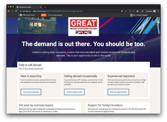 Screenshot of great.gov.uk platform in 2010