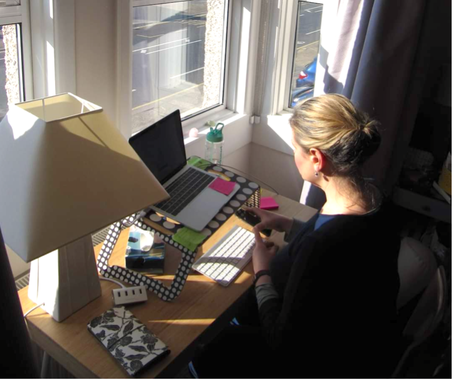 A picture of Liz working at her desk from home