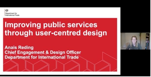 Slide of talk title, Improving public services through user centred design