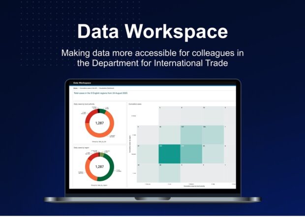 Data Workspace promo which reads “Data Workspace: Making data more accessible for colleagues in the Department for International Trade”