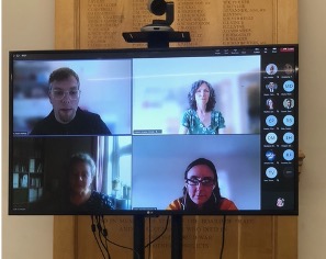 our AV setup in OAB showing Jason Kitcat, Director, DDaT, (top left), Jo Granton, Capability Lead (top right), Liz Catherall, Head of Delivery (bottom left) and Madeline Lasko, Service Owner (bottom right) during our careers panel.