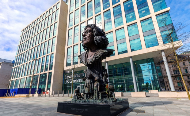 Statue of Betty Campbell, Wales' first black head teacher and black history campaigner, in front of Tŷ William Morgan