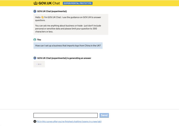 Screen shot from GOV.UK Chat prototype