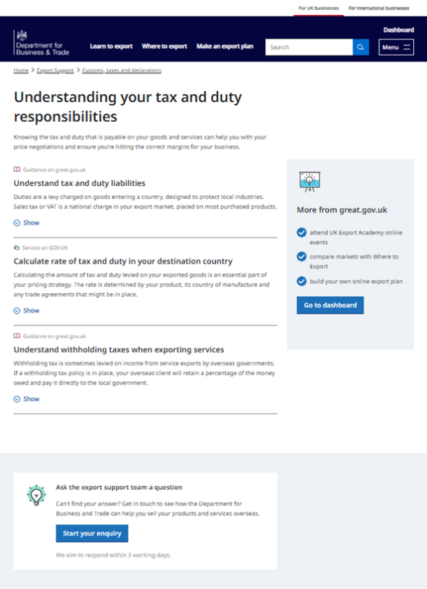 The 'understanding your tax and duty responsibilities' sub-category page, which shows the three associated tasks.