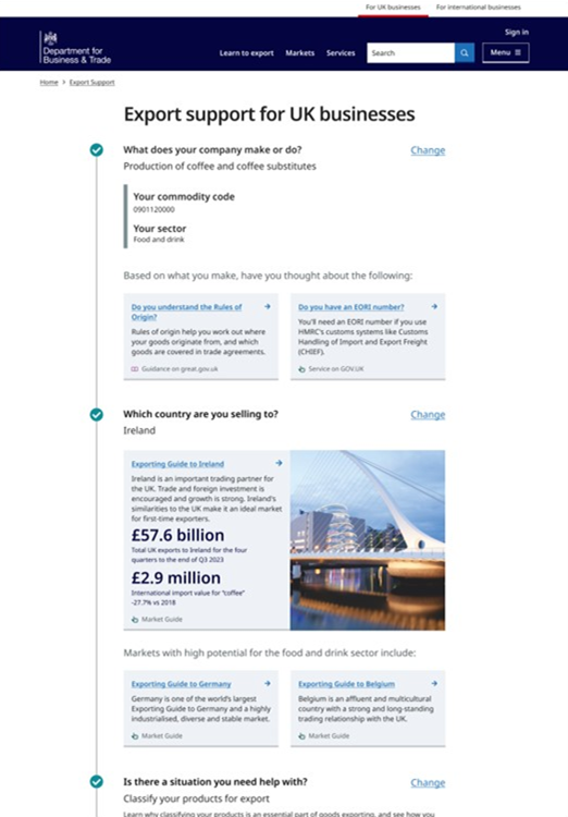 The results page for the new product-market journey through great.gov.uk. The example shown is for the export of coffee to Ireland, and relevant information on the export of coffee to Ireland is shown