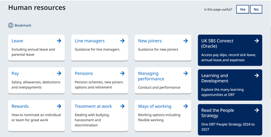 Sharepoint page for Human Resources including topics like managing performance and ways of working.