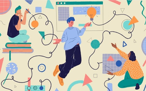 Abstract of evaluators surrounded by graphs, lightbulbs and books.