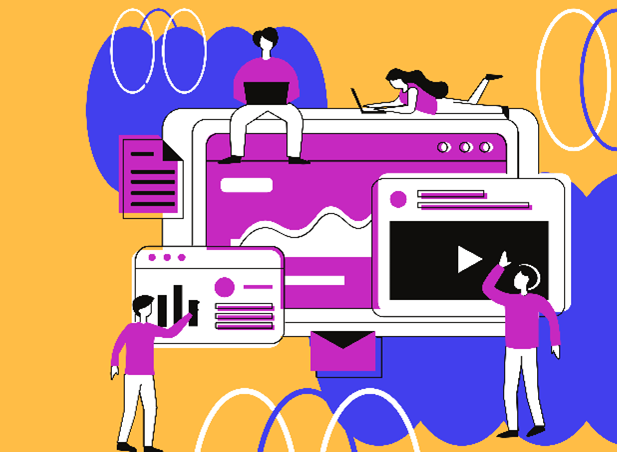 Cartoon of 4 people doing work around some big computer screens.