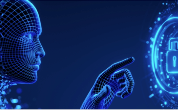 An AI humanoid reaching towards a padlock symbol.