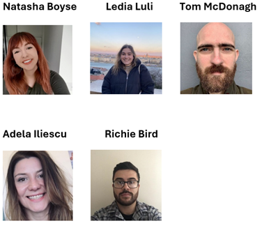 Headshots of Natasha Boyse, Ledia Lilu, Tom McDonagh, Adela Iliescu and Richie Bird