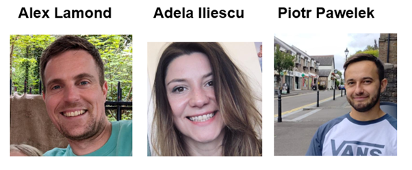 Headshots of Alex Lamond, Adela Illescue and Piotr Pawelek