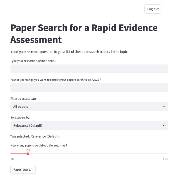 Screen shot of the form for the Rapid Evidence Assessment tool asking for a research question.