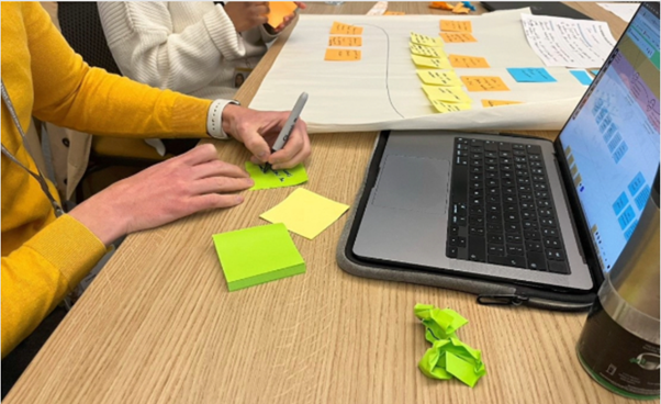 Someone writing on a post-it note in front of a laptop with virtual post it notes on the screen.