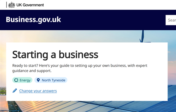 Business.gov.uk AI summeriser tool front page leading to setting up guidance for UK businesses.