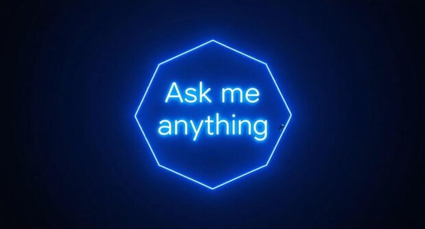 A neon blue hexagon sign on a navy background. It says 'Ask me anything'.