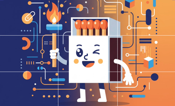 AI-generated image of a winking matchbox holding up a flaming match. It is surrounded by data symbols.