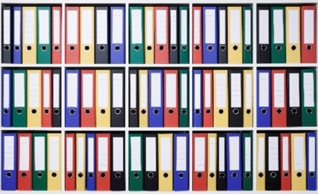 3 shelves of multicoloured box files