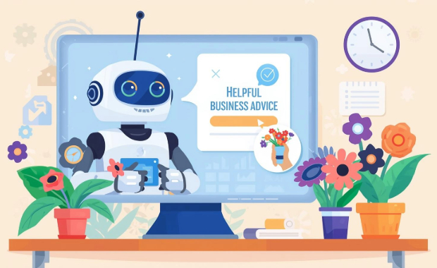 A friendly robot on a computer screen offers 'Helpful Business Advice'. The computer is surrounded by pots of flowers.