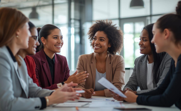 A group of people discussing work and smiling.