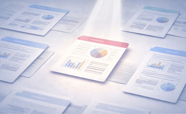 A surface of pages containing data graphs. A beam of light shines on the page in the centre which has a red heading.