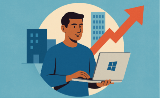 A cartoon of a man holding a laptop with the Windows 11 logo on the front. He has office buildings and an orange growth arrow pointing up