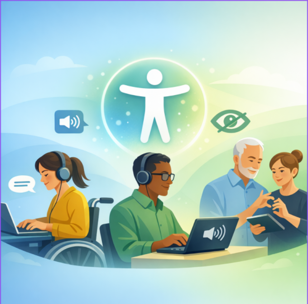 An AI- generated image of assistive technology being used by a person in a wheelchair, a person with impaired sight and someone using sign language.