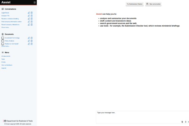 Chat page of the Assist tool. It can help analyse documents, draft and brainstorm content idea and search government sources and the web.
