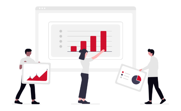 Cartoon figures carrying charts and graphs. One of them is positioning a bar chart on a big screen.