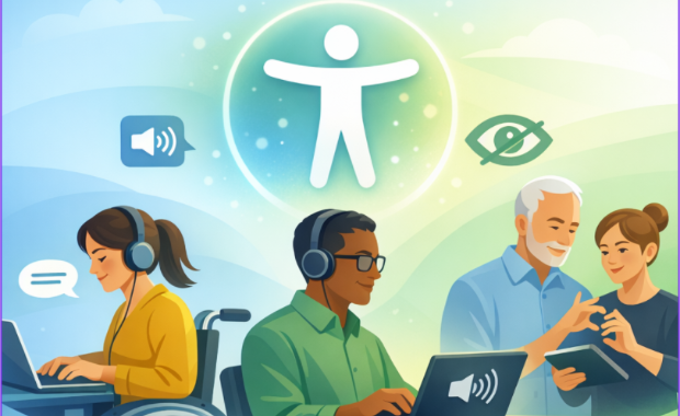 An AI- generated image of assistive technology being used by a person in a wheelchair, a person with impaired sight and someone using sign language.