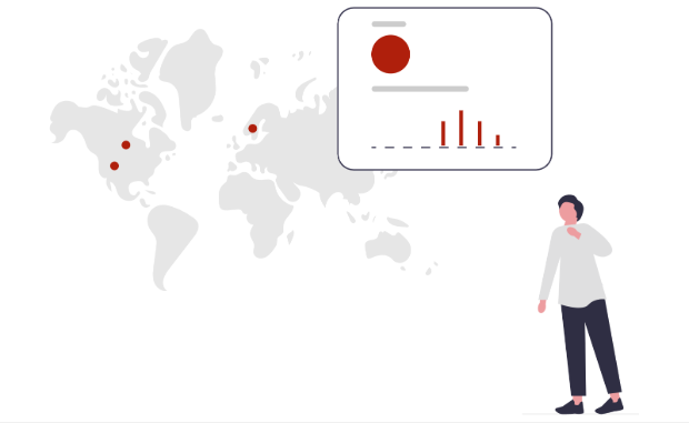A cartoon of a human standing next to a world map with red dots in Scandavia and North America. There is also a rectangle with contents representing a pie chart and bar chart.