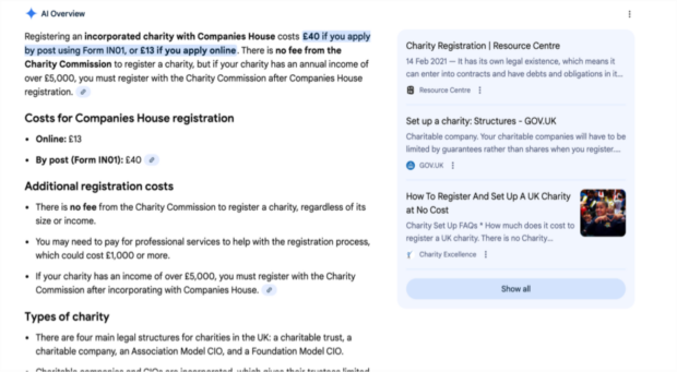 A screenshot of an AI result to an online query about how much it costs to set up a charity.