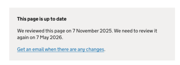 A message saying that the web page has been reviewed and is up to date. It will next be reviewed in May 2026.