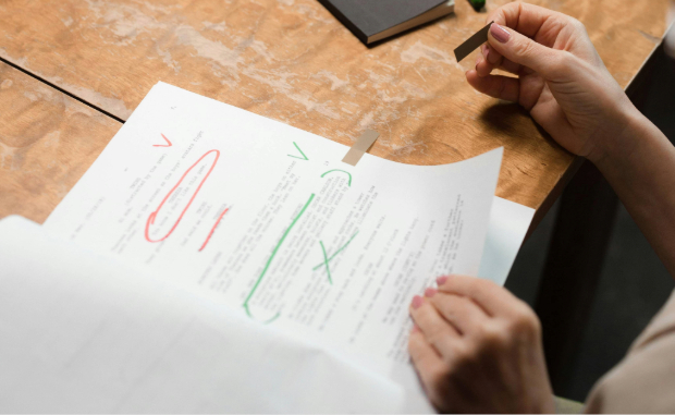 Someone is about to stick a marker sticker onto a printed out document. The page has corrections in red and green ink.