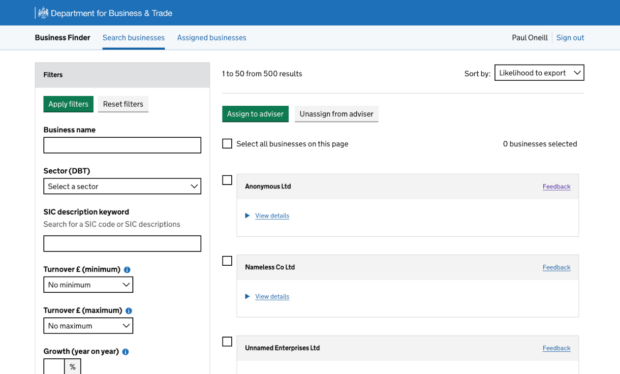 The front page of the Business Finder service. It shows anonymised search results of companies who may be ready to export.