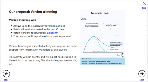 A screenshot from the Power App landing screen. It features a graph showing how version trimming will work. There is information about the goal and outcomes of version trimming explaining that users can access the most recent versions and at least one version per week, and all recent versions will be retained.