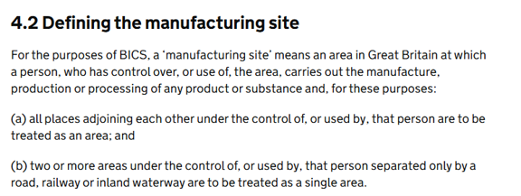 Screen grab from the BICS Eligiblity tool defining the manufacturing site terminology.