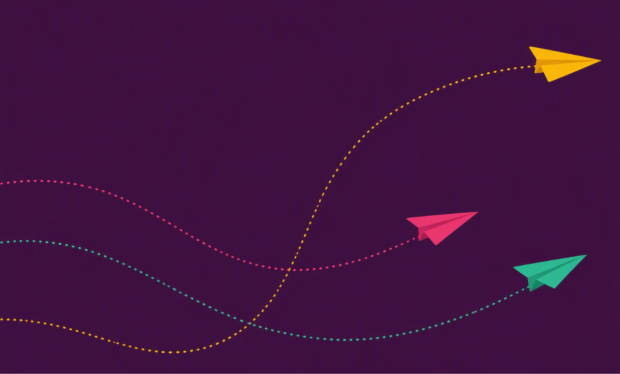 3 paper planes flying on a dark background. The yellow plane is flying higher than the red and green planes.