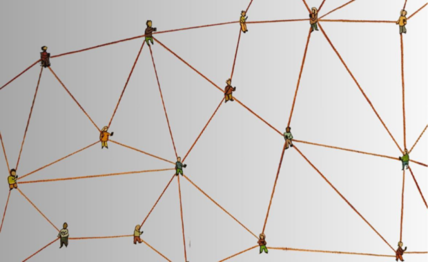 Several small cartoon representations of people are linked by brown handdrawn lines representing a network.